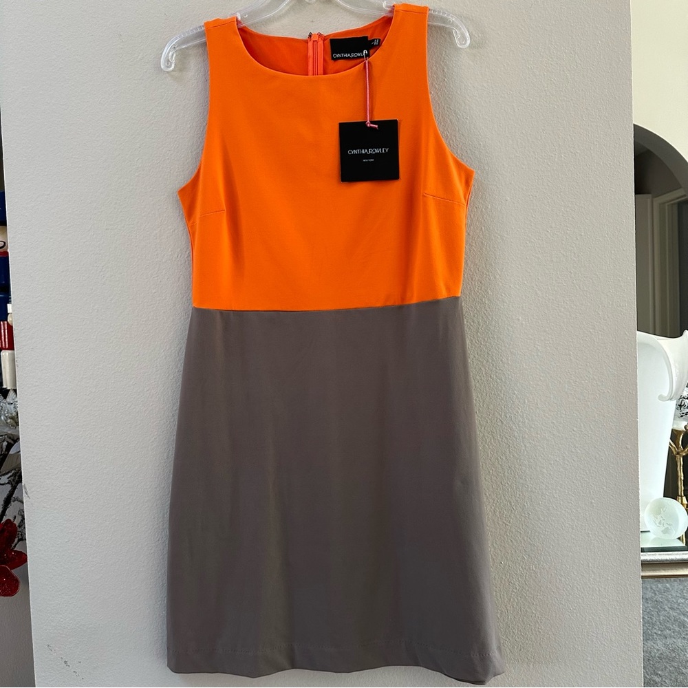 Cynthia Rowley Colorblock Orange & Taupe 
Brown Stretch Wrinkle Free Dress Sz L